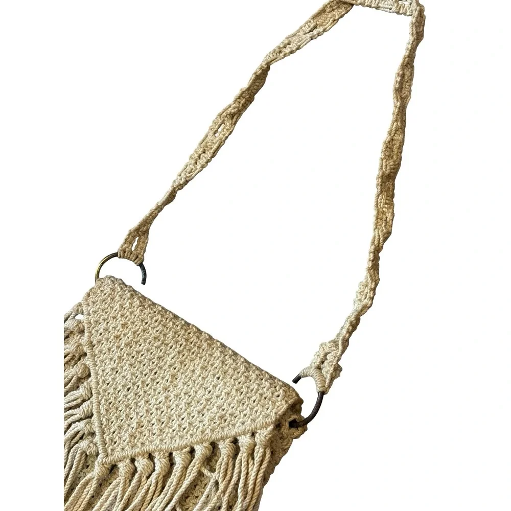 Vintage Macrame Fringe Crossbody Bag Cream Boho Woven Festival Purse Small